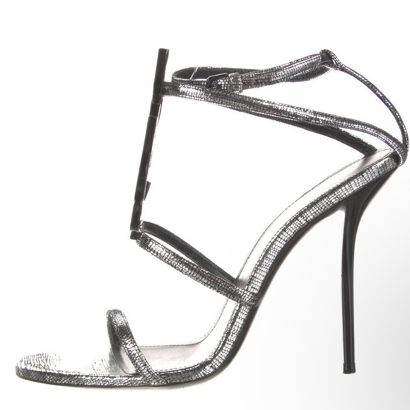Saint Laurent Cassandra Heels in Metallic Silver Cracked Metal Leather - Picture 7 of 10